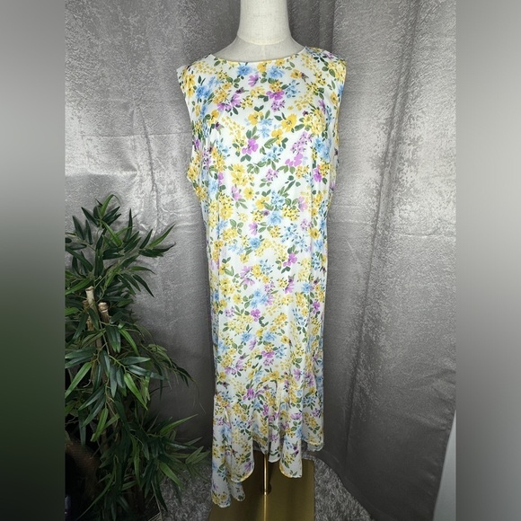 NEW Calvin Klein Multi Floral Print Asymmetrical Hem Sleeveless Dress Sz 14 - Picture 2 of 10